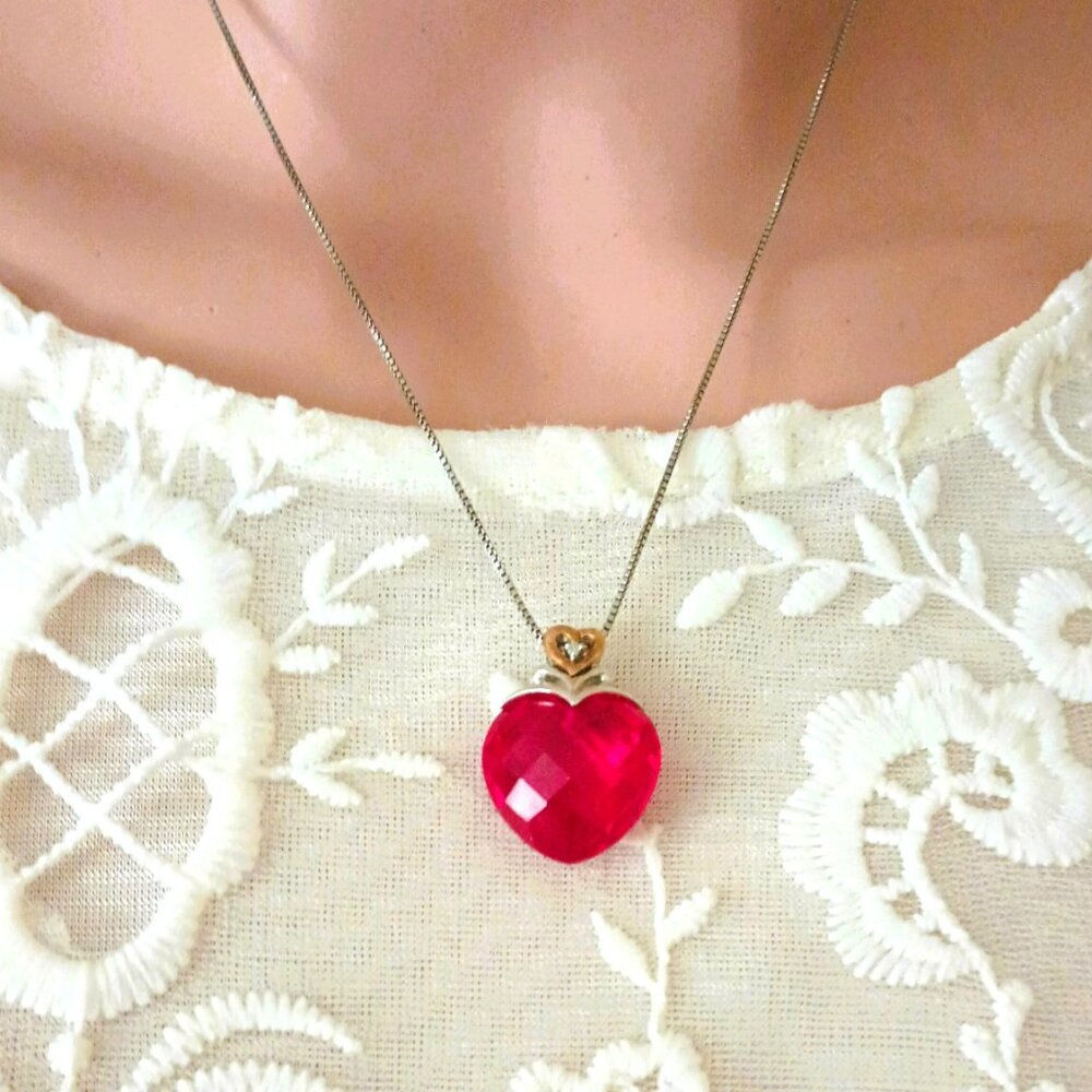 925 14K Heart Pendant Necklace 18" Lab Created Ruby & Diamond Solitaire Jewelry